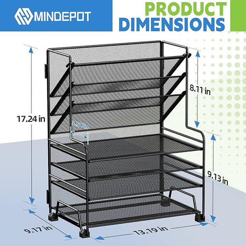 4-Tier Paper Organizer + 3-Pocket File Holder + Drawer + Pen Holders, Desktop File Organizers Paper Tray for Office Supplies School Classroom Organization (Black, No Drawer & Pen Holder)