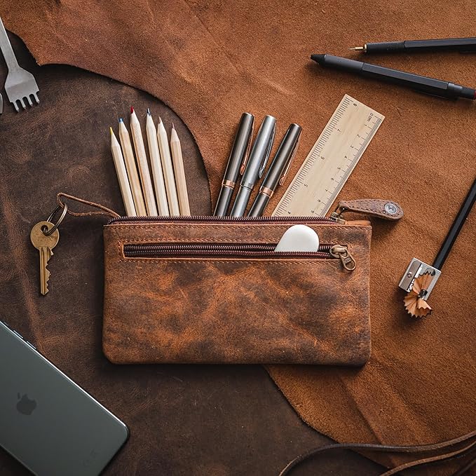 Moonster Leather Pencil Case Pouch 8" x 4" - Leather Pen Case with Zipper