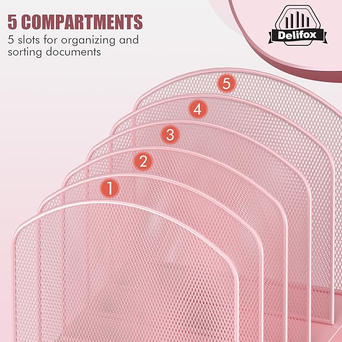 Inclined Desk File Organizer, 5-Section Vertical File Folder Holder Stand Metal Rack File Sorter for Office Classroom Desktop Organization (Pink, 1Pack)
