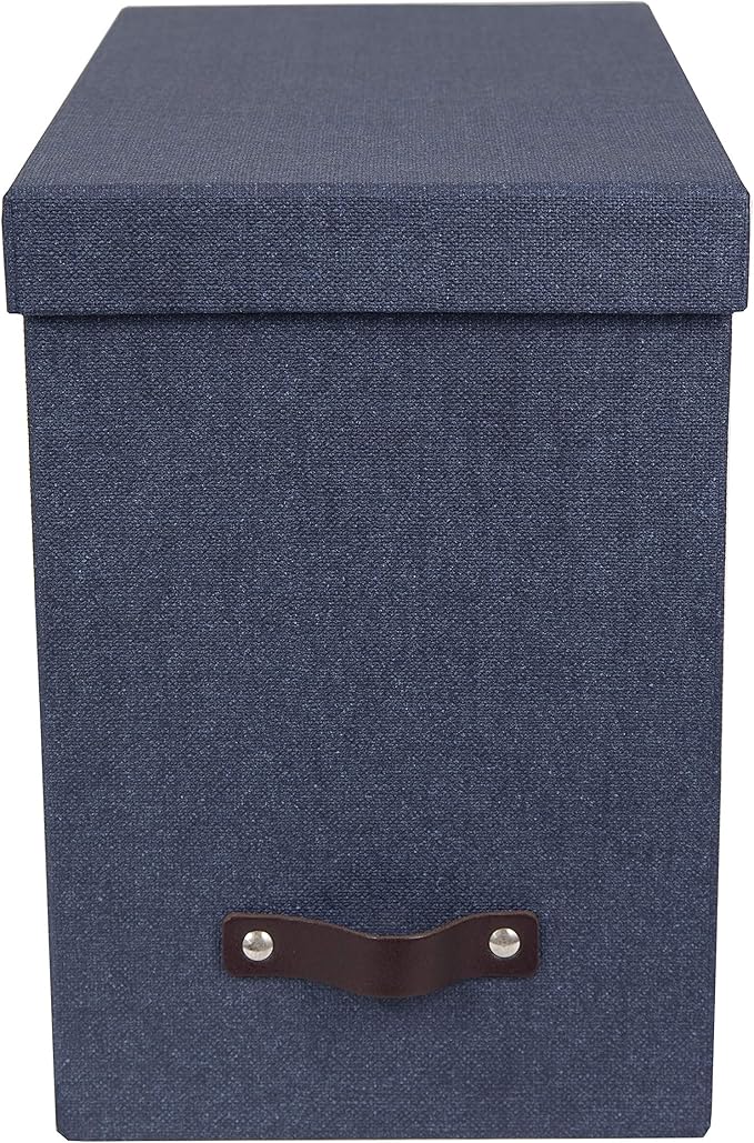 Bigso John Desktop File Box - File Storage Box and Document Organizer for Important Paperwork - Durable Hanging File Box with a Lid and Leather Handle - 7.36 in x 13.26 in x 10.51 in - Blue