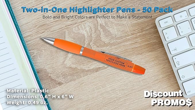 DISCOUNT PROMOS Personalized Two in one Highlighter Pens - 50 pack - Plastic Pens - Customizable Text, Logo - Orange