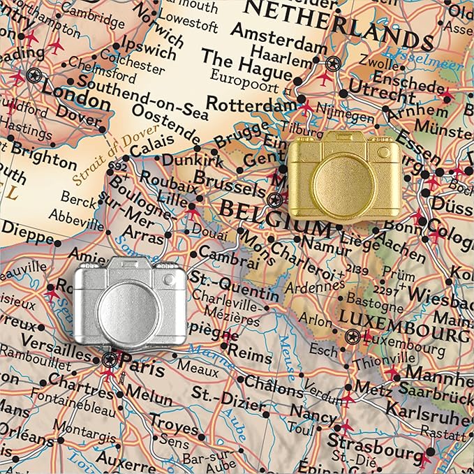 Camera Push Pins - Gold Metal Camera Pins - for Cork Board, Maps, or Lapel Pin Use - Designed in USA - Set of 20