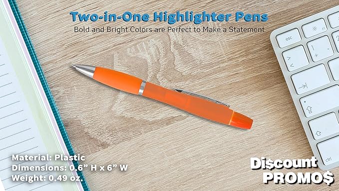 DISCOUNT PROMOS 10 Two in one Highlighter Pens Pack - Ballpoint, Silver Accents - Orange