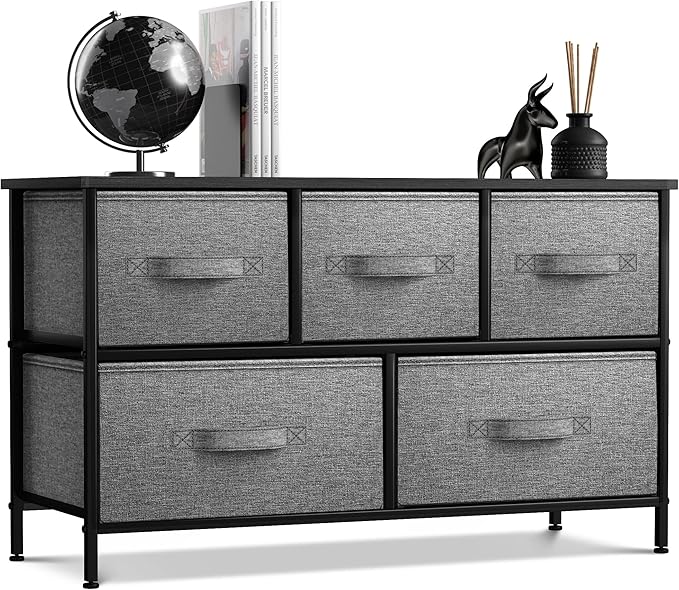 Sorbus Dresser with 5 Drawers - Storage Chest Organizer Unit with Steel Frame, Wood Top, Easy Pull Fabric Bins - Long Wide TV Stand for Bedroom Furniture, Hallway, Closet & Office Organization