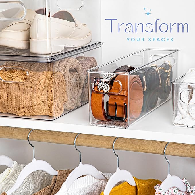 primebox Plastic Food Storage Clear Container Bin with Handles for Organizing Kitchen, Pantry, Fridge, Freezer, Pantry,Bathroom. 16"x4"x5"