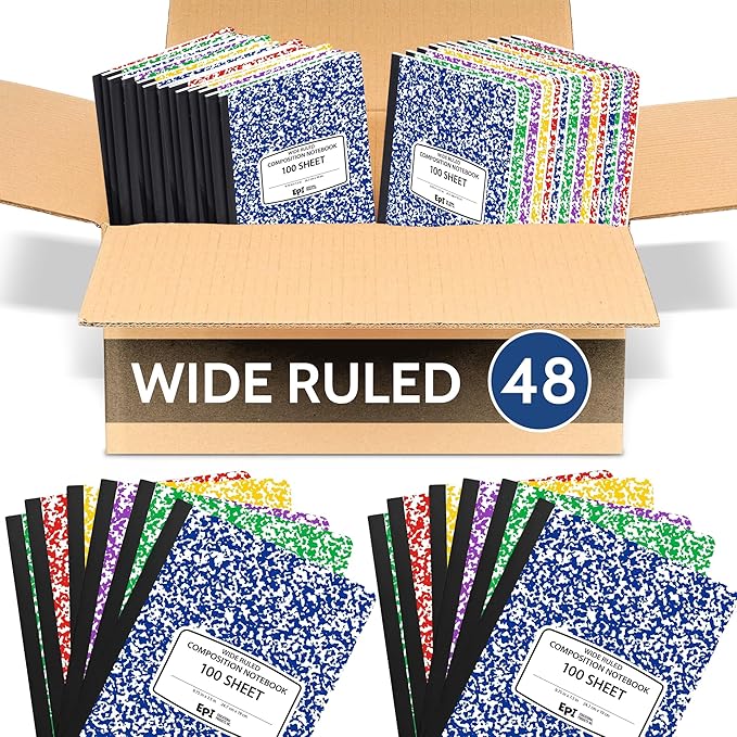 EPI 48 Pack - Assorted Colors Marble Composition Notebook - Wide Ruled 200 Page Note Book - 9.75 x 7.5 Inch Hardcover Journal with Sewn Binding for Secure Pages - Classroom Back To School Supplies
