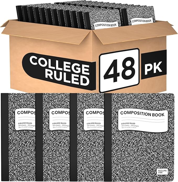 VEEBOOST Composition Notebook College Ruled Composition Notebooks Black Bulk Marble College Ruled Notebook Hard Cover 100 sheets, 200 Pages 9.75” x 7.25” (48 Pack)