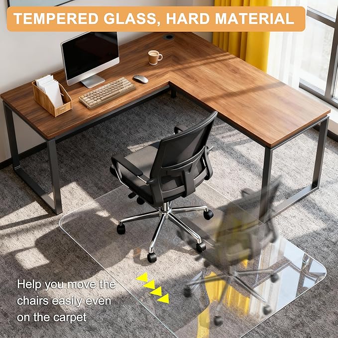 Azadx Tempered Glass Chair Mat for Carpet 40" x 48" Heavy Duty Office Chair Mat for Carpets 1/5" Thick for Carpeted Floor/Hard Floor Easy Glide Carpet Protector with Round Corner and Polished Edge