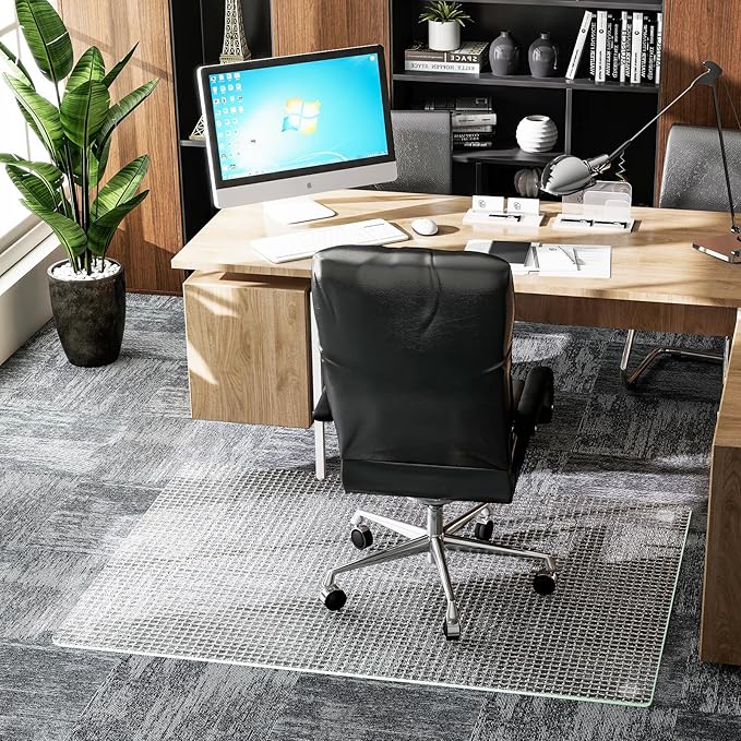 GLSLAND 36"x46" Tempered Glass Chair Mat – Checkered Patterned Heavy Duty Floor Mats Protector for Hardwood Floors & Carpet, Decorative Home and Office Desk