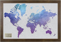 Personalized Vibrant Violet Watercolor World Travel Map with Rustic Brown Frame