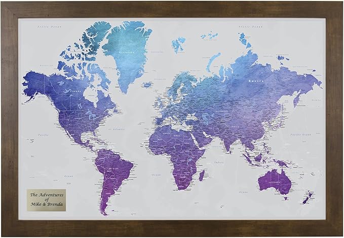 Personalized Vibrant Violet Watercolor World Travel Map with Rustic Brown Frame