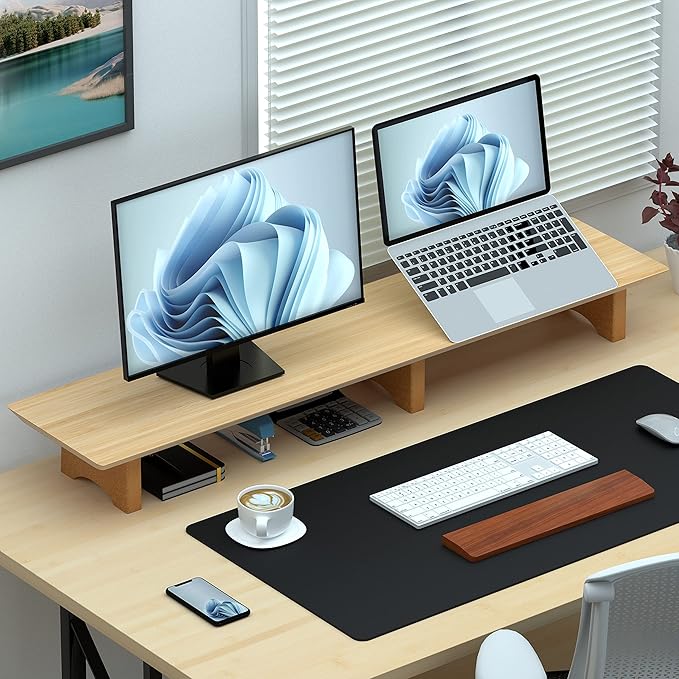 Aothia Large Dual Monitor Stand Riser, Solid Wood Desk Shelf with Eco Cork Legs for Laptop Computer/TV/PC/Printers, Perfect Desktop Stands Organizer with Underneath Storage for Office Accessories