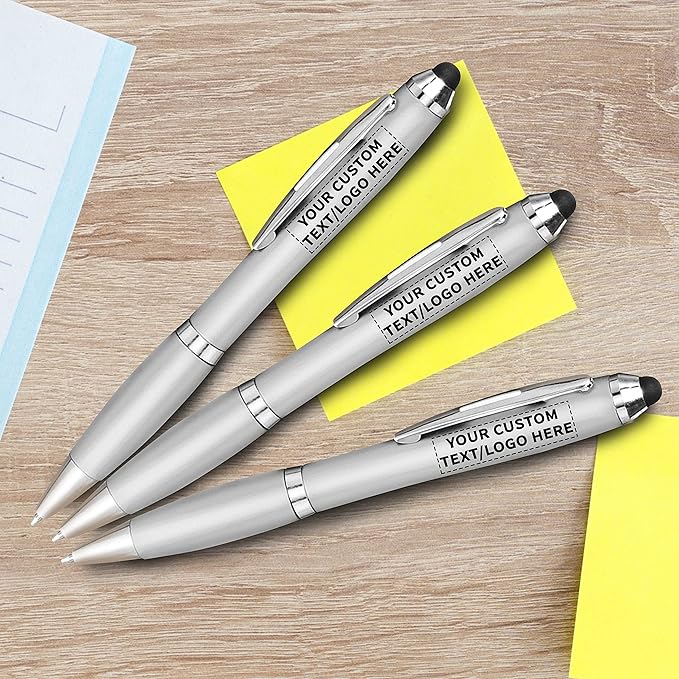 DISCOUNT PROMOS Custom Plastic Stylus Pens Set of 50, Personalized Bulk Pack - Black Ink, Great for Office, School, Business, Tradeshows, Events - Silver