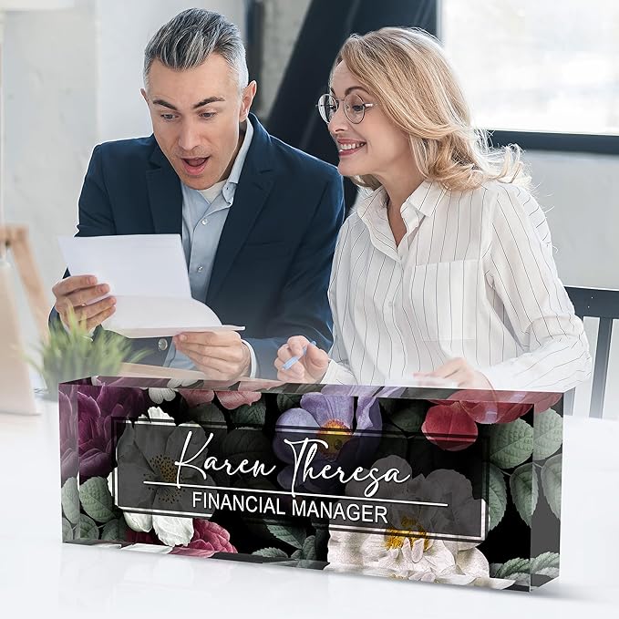 Custom Office Name Plate, Personalized Gifts for Women & Men, Appreciation Gifts for Employees, Office Desk Accessory (Night Flower)