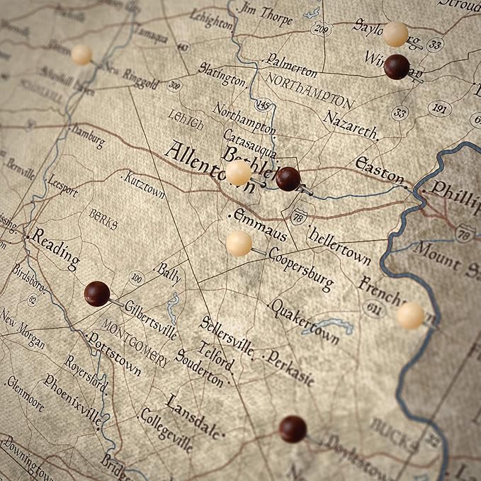 Push Pin Pennsylvania Map Board - With Push Pins to Mark Pennsylvania Travels - Handmade in Ohio, USA - Design: Rustic Vintage