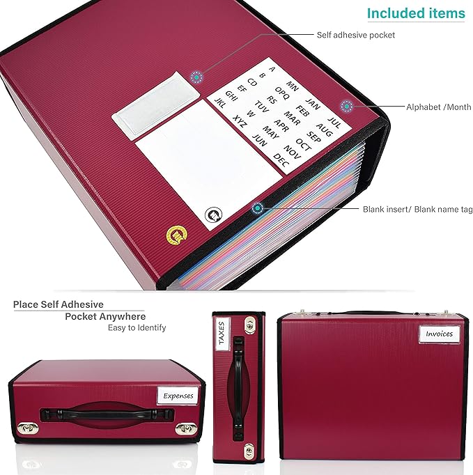 CNK Accordion File Folders with 24 Pockets Organizer for Document Paper Storage Folder Documents Expanding Binder Folio Pocket Receipt Filing Expandable Files Dividers Labels Letter Durable Handle