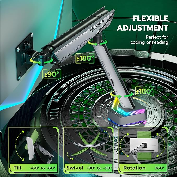 ARES WING RGB Single Monitor Arm Desk Mount for 17-45 inches Flat and Curved Monitors, Holds 35.2 lbs Heavy Duty, Adjustable Ultrawide Monitor Arm with Clamp & Grommet Base, 75/100 VESA Mount, Gray