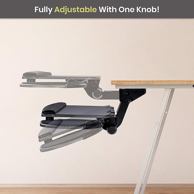 Under Desk Keyboard Tray, 20" x 11" Tray, 17.75" Track, One Knob Control, Undermount Sliding Computer Keyboard and Mouse Tray with Wrist Rest, Swivels 360° with Adjustable Height and ±15° Tilt