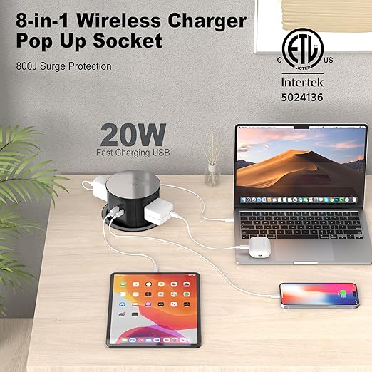Pop Up Countertop Outlet with 15W Wireless Charger, PD 20W USB-C Ports & 4 AC Outlets, 800J Surge Protection, 4.75 inch Pop Up Receptacle, 6Ft Cord for Home Office(ETL & FCC Listed)