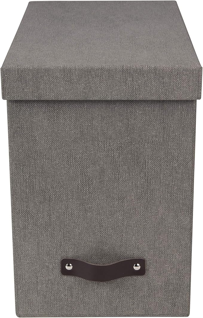 Bigso John Desktop File Box - Storage Solution and Document Organizer for Important Paperwork - Durable Hanging File Box with a Lid and Leather Handle - 7.36 in x 13.26 in x 10.51 in - Grey