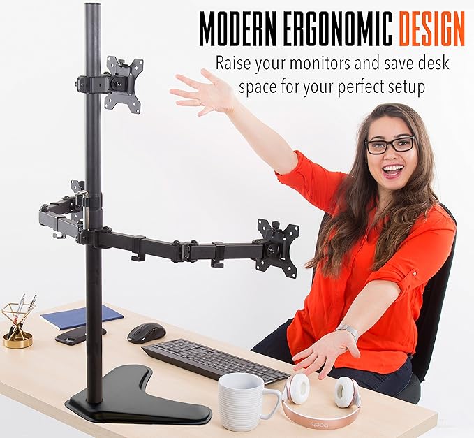 Stand Steady Triple Monitor Desk Stand with Tabletop Base, for Home or Office Use, Height Adjustable Computer Monitor Stand with Full Articulation VESA Mounts, Fits Most LCD/LED Monitors 13-32 Inches