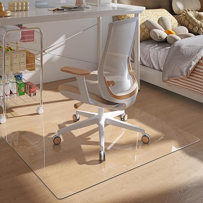 [Tempered Glass] 46“x36” Rounded Glass Chair Mat with Polished Edge Clear Office Chair Mat, Glides Smoothly, Suitable for Carpet or Hardwood Floors