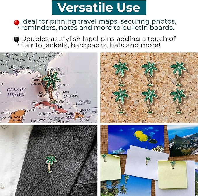 Palm Tree Push Pins - Custom Palm Tree Pins - for Cork Board, Maps, or Lapel Pin Use - Designed in USA - Set of 4