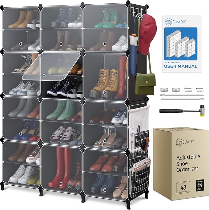 Shoe Organizer Cabinet Up to 48 Pairs, Shoe Closet-Covered Shoe Rack with See-Through Door (Clear, Plastic, Stackable) Cubby Portable Shoe Organizer with Covers, Hooks & Pockets, Black