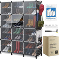 Shoe Organizer Cabinet Up to 48 Pairs, Shoe Closet-Covered Shoe Rack with See-Through Door (Clear, Plastic, Stackable) Cubby Portable Shoe Organizer with Covers, Hooks & Pockets, Black