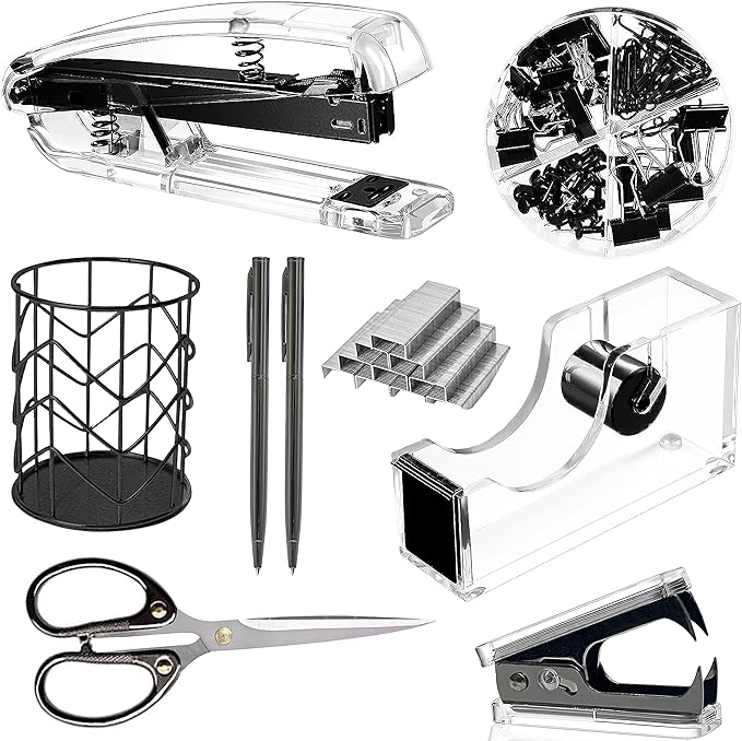 Office Desk Accessories，Office Supplies Set Acrylic Stapler Set Staple Remover, Tape Holder, Pen Holder, 2 Ballpoint Pen, Scissor, Binder Clips, Paper Clips and 1000pcs Staples(Black)