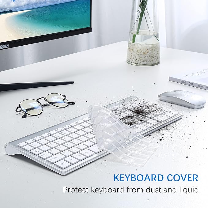 Wireless Keyboard and Mouse Ultra Slim Combo, TopMate 2.4G Silent Compact USB 2400DPI Mouse and Scissor Switch Keyboard Set with Cover, Batteries Included, for PC/Laptop/Windows/Mac - Silver White