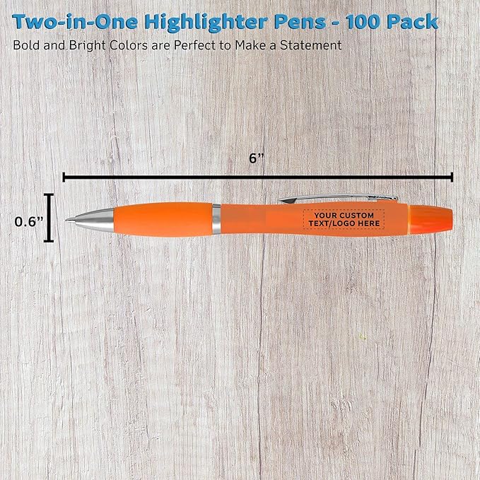 DISCOUNT PROMOS Personalized Two in one Highlighter Pens - 100 pack - Plastic Pens - Customizable Text, Logo - Orange