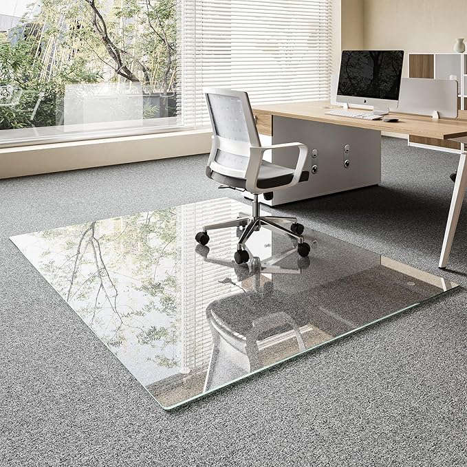 Koonmi Chair Mat for Carpet, Tempered Glass 51"x63" Office Chair Mat, Glass Floor Mat Protector with Rounded and Polished Edges, Ideal for Hardwood Floor, Carpet, Office, Desk, Rolling Chair