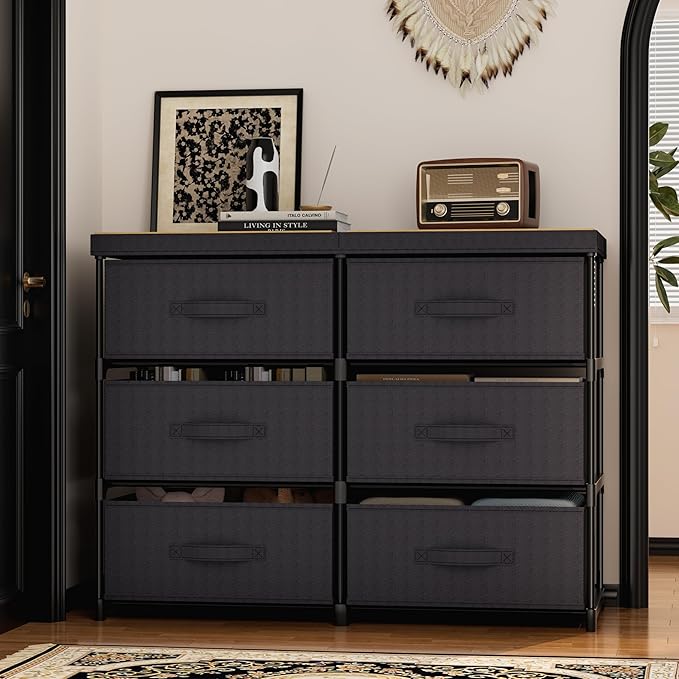 Dresser with 6 Fabric Drawer Stand Desktop Sturdy Metal Plastic Support Tube Cube Storage Cabinet for Bedroom Organization Dorm Front Hall Entryway