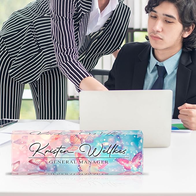 Personalized Name Plate for Desk Custom Acrylic Desk Name Plate Custom Employee Appreciation Gifts Office Gifts for Women, Men, Boss, Coworkers, Teacher, Nurse (Pink-Blue Butterfly)