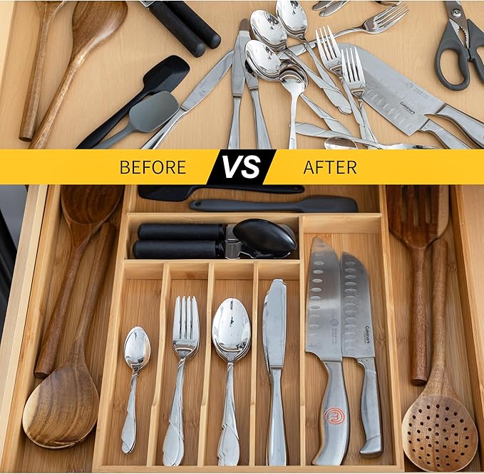 Cutlery Drawer Organizer for Kitchen Utensils, 13-20 Inches Expandable Bamboo Utensil Tray, Large Wooden Silverware Organizer Insert for Kitchen Drawers
