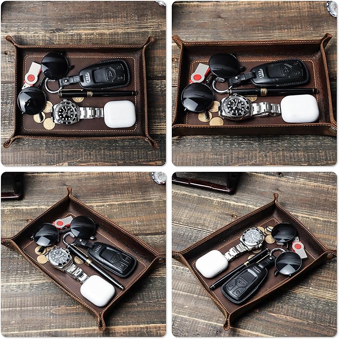 Top Grain Leather Desk Valet Tray Organizer for Man & Woman, Vintage Handmade, Foldable Flat Basket with Snap Buttons, Desk Catchall Holder for Wallet/Watches/Keys/Coins/Office Supplies, Coffee, Large