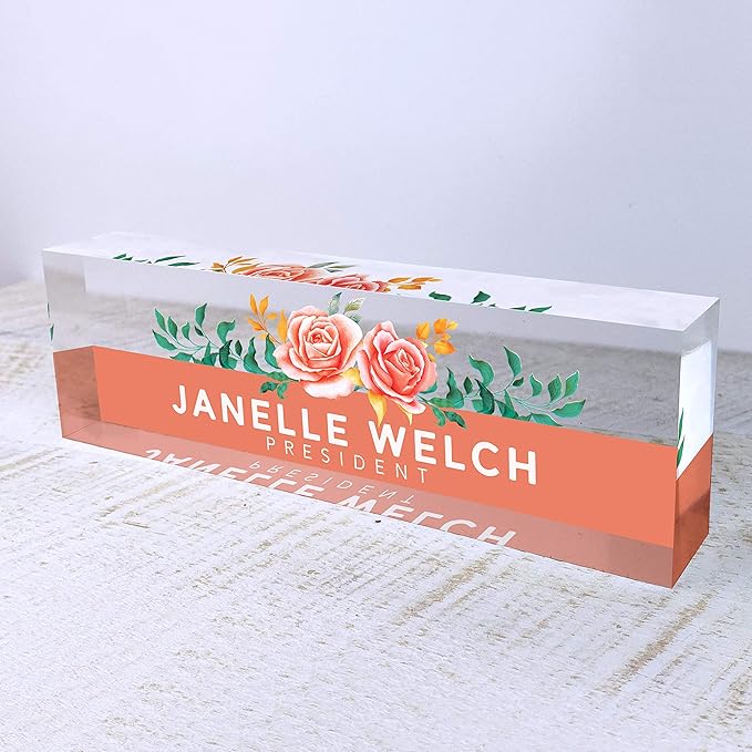 Artblox Office Desk Name Plate Personalized | Custom Name Plates for Desks | Orange Roses Design On Clear Acrylic Glass | Cute Office Desk Accessories Customized Gifts - (8" x 2.5").