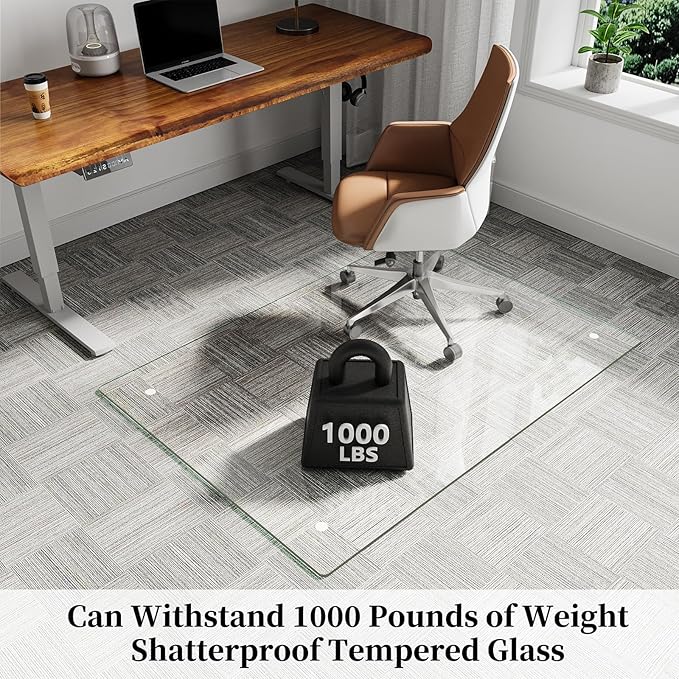 FlyEcho Glass Chair Mat 36" x 50" Heavy Duty Tempered Glass Office Chair Mat, Glass Floor Mat with Round Corner and Polished Edge for Smooth Glide, Carpet Hardwood Floor Protector
