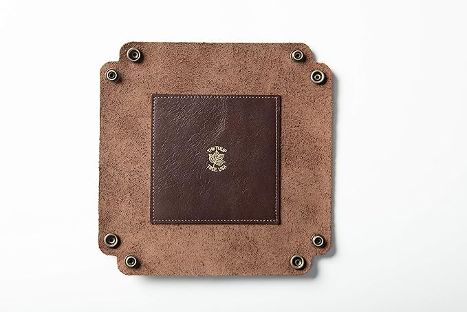 American Made Premium Leather Valet Tray, Folds Flat! Dice Rolling Basket and Organizer with Brass Rivets (Dark Walnut Brown, Medium)
