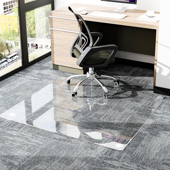 GLSLAND Irregular Tempered Glass Floor Mat - 36" x 48" Office Chair Mat for Carpet Clear Duty Hard Rolling Glass Mat 1/5" Thick for Hardwood Floor/Carpeted Floors, Clear