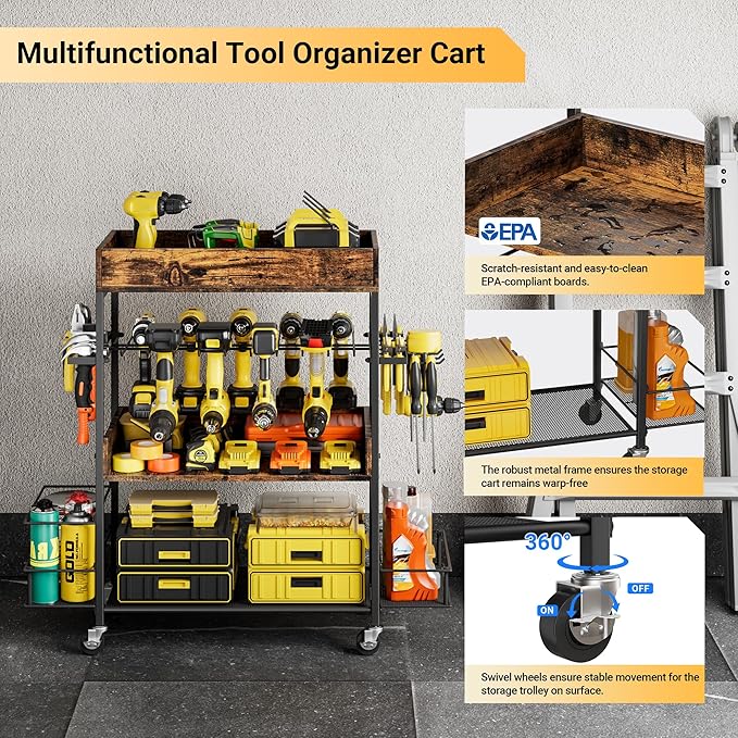 Dunatou Power Tool Organizer Cart Heavy Duty 4 Tier Rolling Tool Cart Garage Storage with Drill Rack Shelf Open Tool Chest Organizer with Wheels Workshop and Garage Ideas for Men or Dad (Rustic Brown)