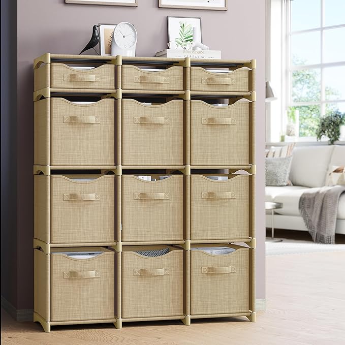 12 Cube Closet Organizer And Storage Unit With Drawers | Includes All Storage Bins | Easy To Assemble Room Organizer For Clothes, Baby, Bedroom, Playroom, Dorm (Beige)