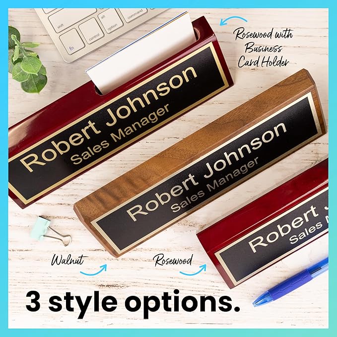 ExcelMark Personalized Walnut Wood Business Desk Black Name Plate with Gold Letters - 2"x 8"