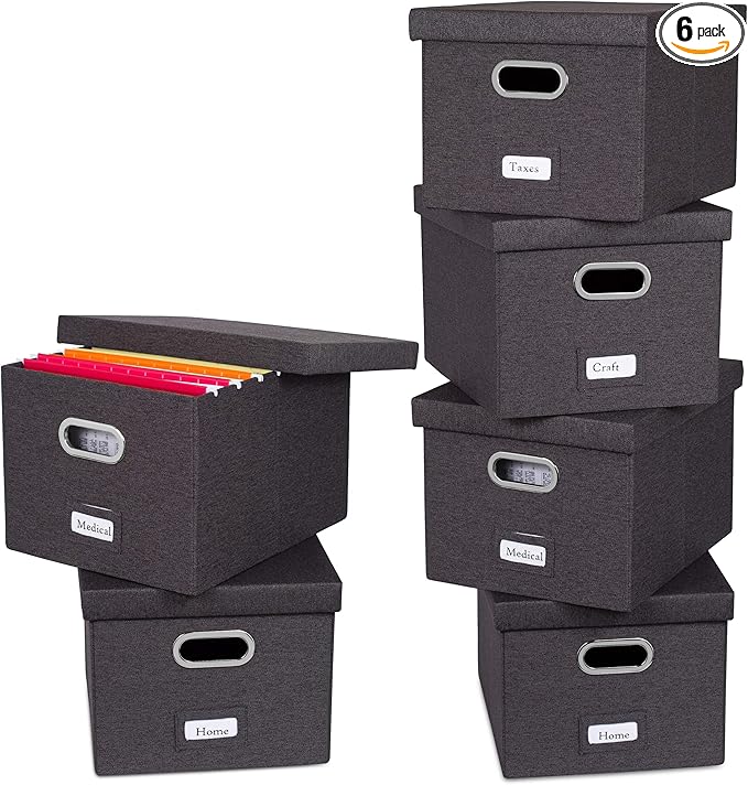Internet's Best Collapsible File Storage Organizer with Lid - Decorative Linen Filing & Storage Office Box – Hanging Letter/Legal Folder – Home Office Bins Cabinet – Charcoal Container - 6 Pack