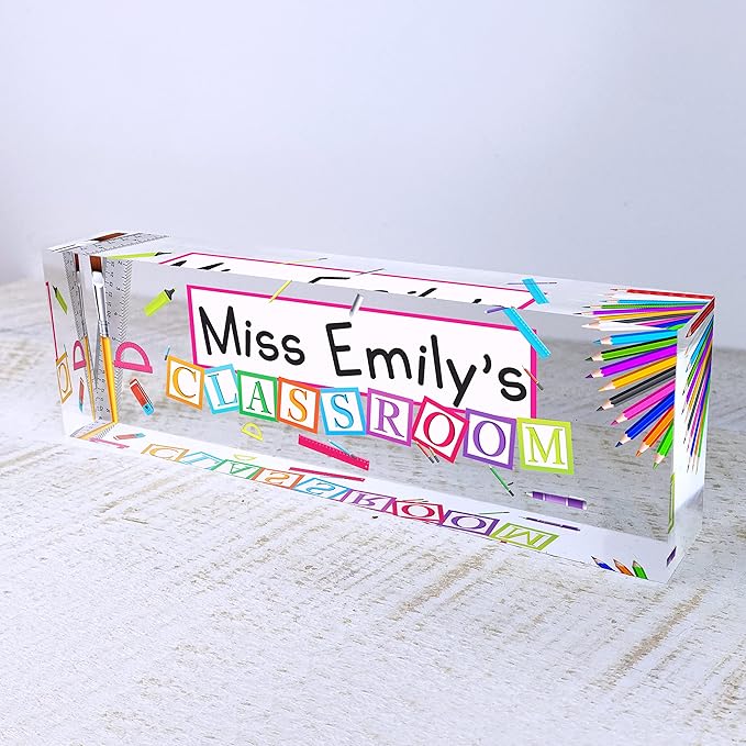 Artblox Acrylic Name Plate, 8'' x 2.5'', Personalized Teacher Desk Sign, Modern Signage