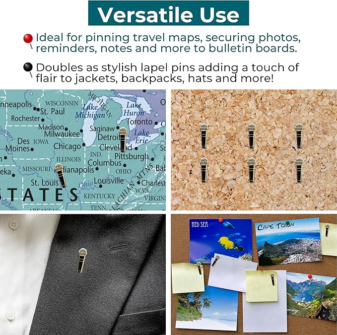 Microphone Push Pins - Microphone Map Pins for Cork Boards, Maps, or Lapel Use - Designed in USA - Set of 10