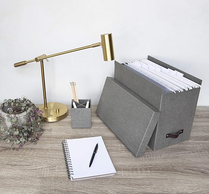 Bigso John Desktop File Box - Storage Solution and Document Organizer for Important Paperwork - Durable Hanging File Box with a Lid and Leather Handle - 7.36 in x 13.26 in x 10.51 in - Grey