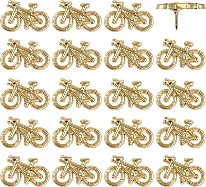 Bicycle Push Pins - Gold Metal Bike Pins - for Cork Board, Maps, or Lapel Pin Use - Designed in USA - Set of 20