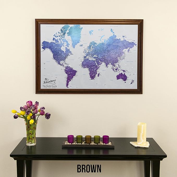 Canvas - Personalized Vibrant Violet World Push Pin Travel Map with Brown Frame